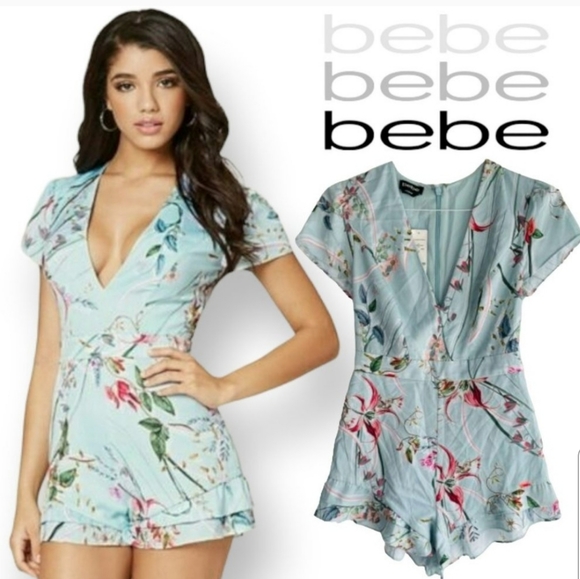 New Bebe Ruffle Short Romper- Daylight Meadow Short Sleeve V Neck 8..Ret. $118 - Picture 2 of 6